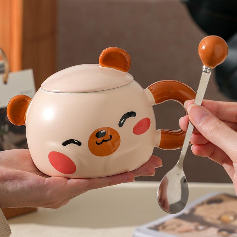 Creative Cartoon Bear Ceramic Cup With Lid Household Breakfast Children'S Couple Cup High Value Gift