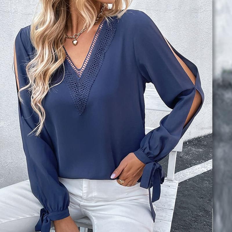 Spitze V-ausschnitt Langarm Frauen Hemd Herbst 2023 Solide Hohl Elegante Blusen Frauen Casual Blusas Tops Fashoin Clohitng 27965