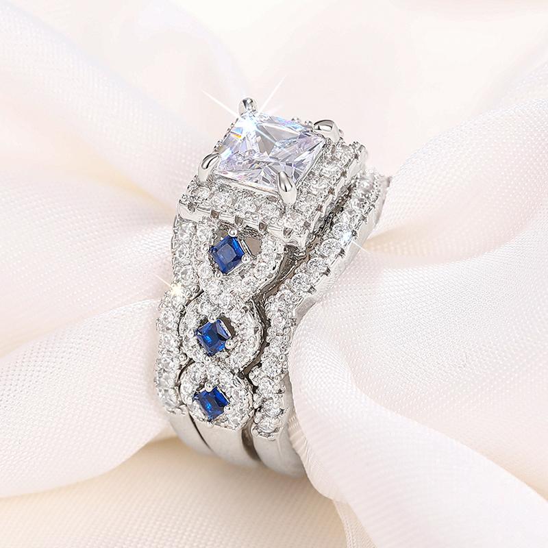 Huitan 3Pcs Set Rings Luxury Wedding Accessories Princess White/Blue CZ New Fashion Female Accessories Engagement Party Zircon
