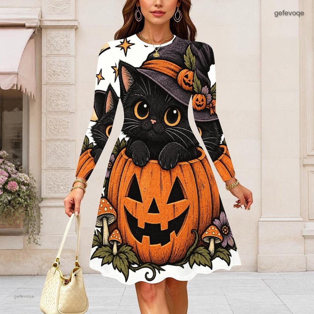 Women Plus Size Round Neck Long Sleeve Swing Dress Cowboy Skeleton Pumpkin Floral Print Halloween Casual Midi Dress