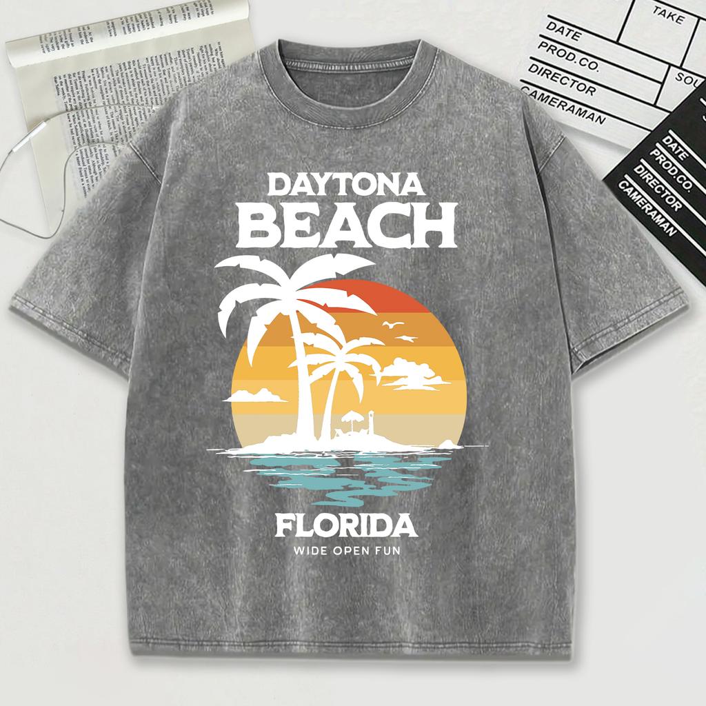 Daytona Beach Florida Wide Open Fun Print Snow Wash Mens T-Shirt O-Neck Tee Soft Cotton Top Trendy Unisex Short Sleeve