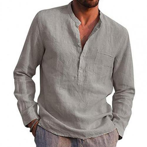 2024 Men Casual Shirts Solid Color V Neck Long Sleeve Shirt Simple Button Pocket Top Cotton Linen Skin-friendly Daily Wear Shirt