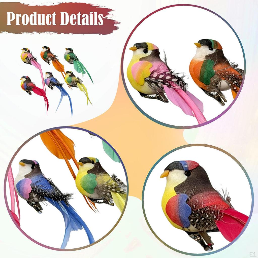 6Pcs Artificial Bird Ornaments Decorative Fake Birds Clip on Lifelike Figurine Tree Branch Decors