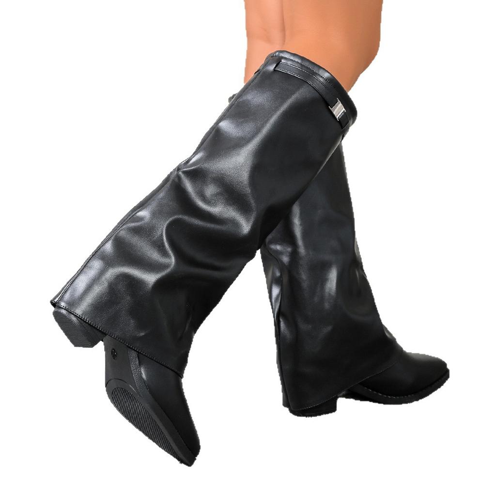 2025 Neue Falten High-Heel Mode Stiefel Dicke Ferse Übergröße Britischer Stil Hohe Hosenstiefel Damen Übergröße