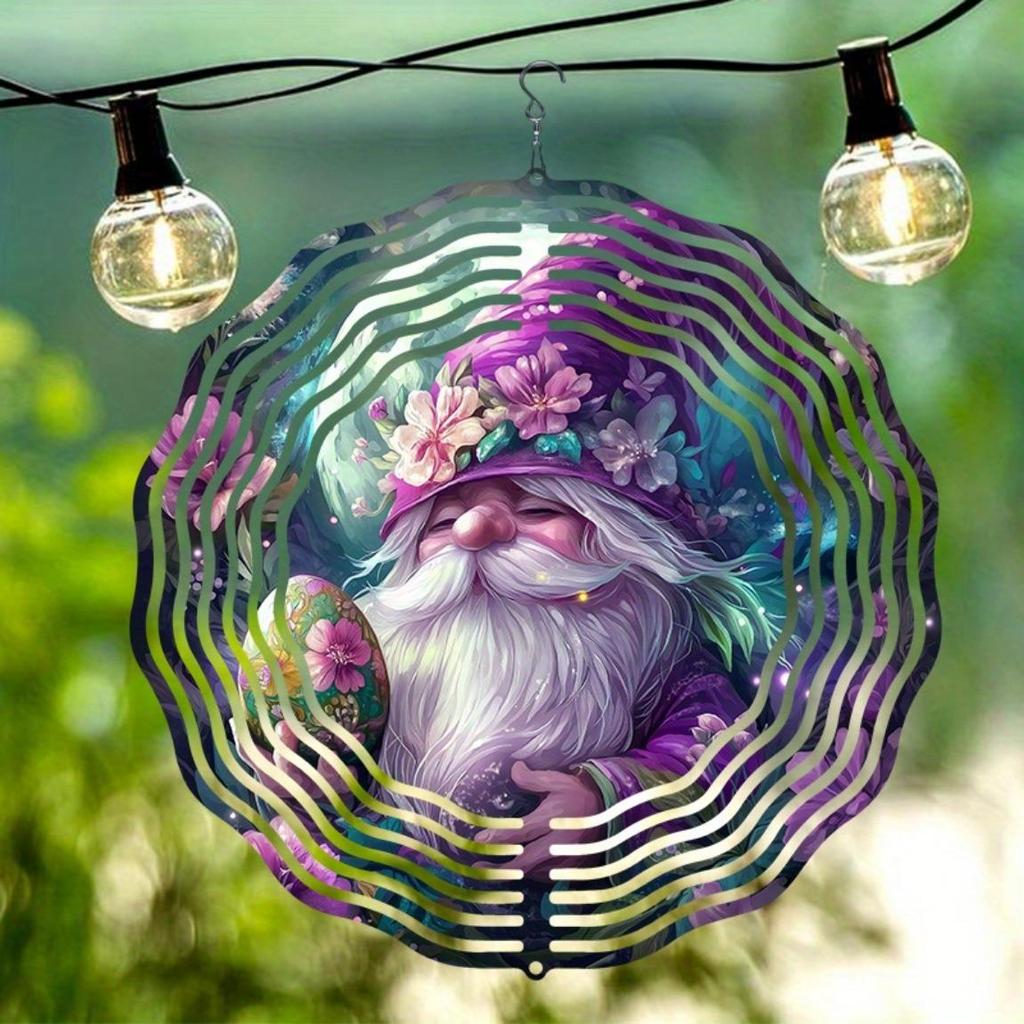 Enchanting Purple Gnome Wind Chime Outdoor Decor Rotating Kinetic Art Moonlit Garden Floral Easter Egg Design Patio Lawn Gift