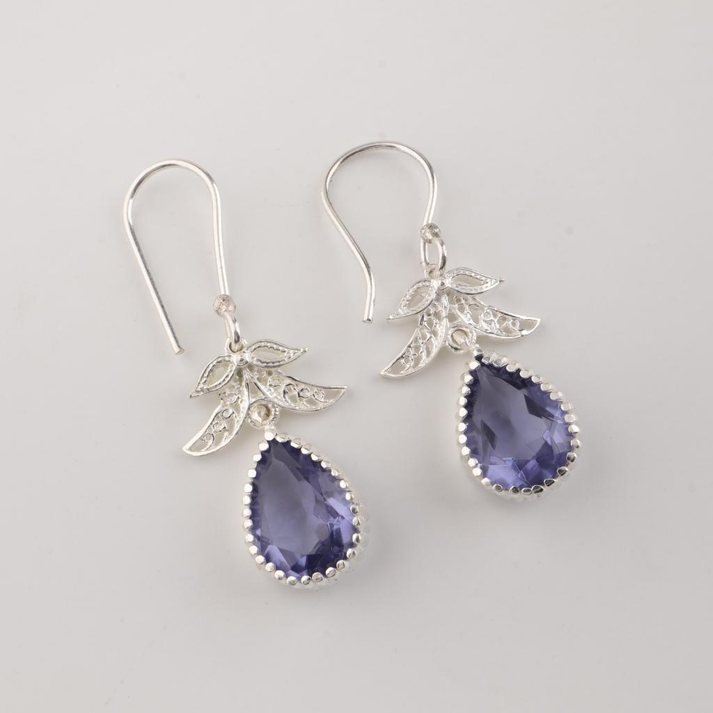Iolite Gemstone Silver Earrings 925 Sterling Silver Handcrafted Jewelry For Women CE-27-8