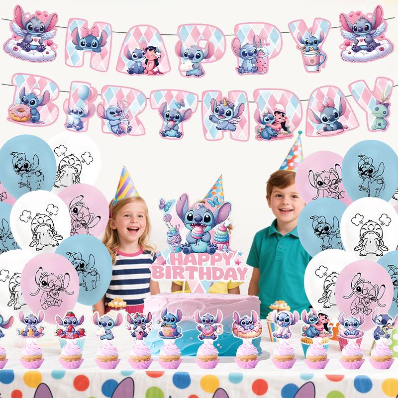 Banner Balloon Flag Stitch Theme Children'S Birthday Scene Arrangement Supplies Party Ornaments