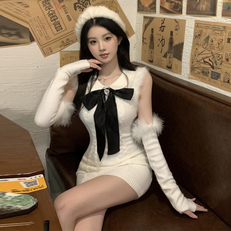 Women's clothing sweet fluffy decorative thick needle wool hip dress