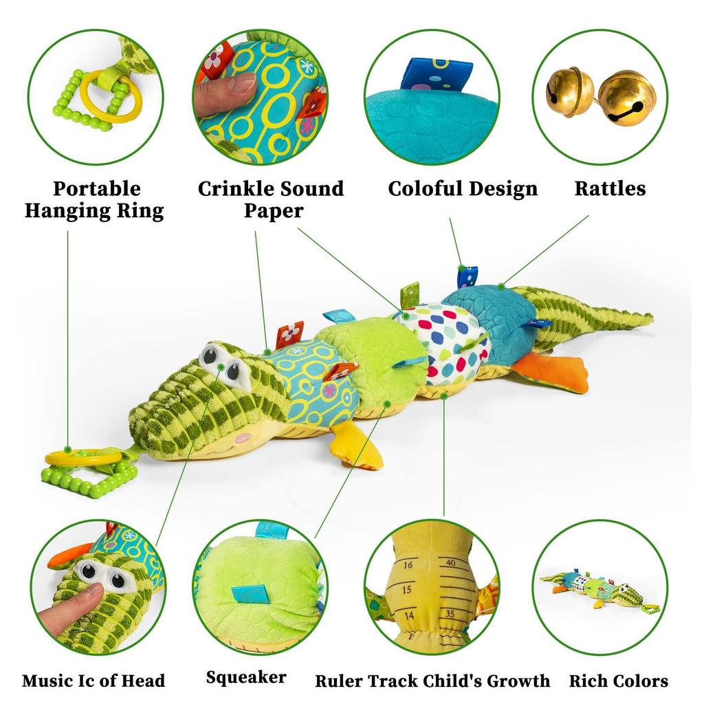 Infant Sensory Musical Stuffed Animal Toys with Crinkle,Rattle and Multi-Textures,Tummy Time Toys for 0-3-6-12 Months Newborn,Kids,Crocodile