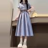 2026 New Korean College Style Blue Short Sleeve Shirt Dress Children's Summer Temperament Waist Long Dress Women's Clothing