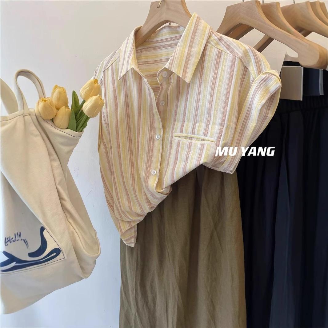 Lapel sleeveless striped shirt women s summer new Korean version loose age-reducing thin bottoming shirt top M