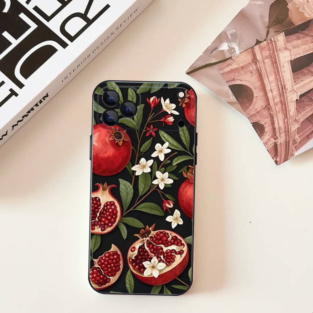 Pomegranate Flower Pattern For iPhone 17,16,15,14,13,12,11,Pro,Max,Plus,E,SE4,Air,Mini Black Soft Cover Phone Case