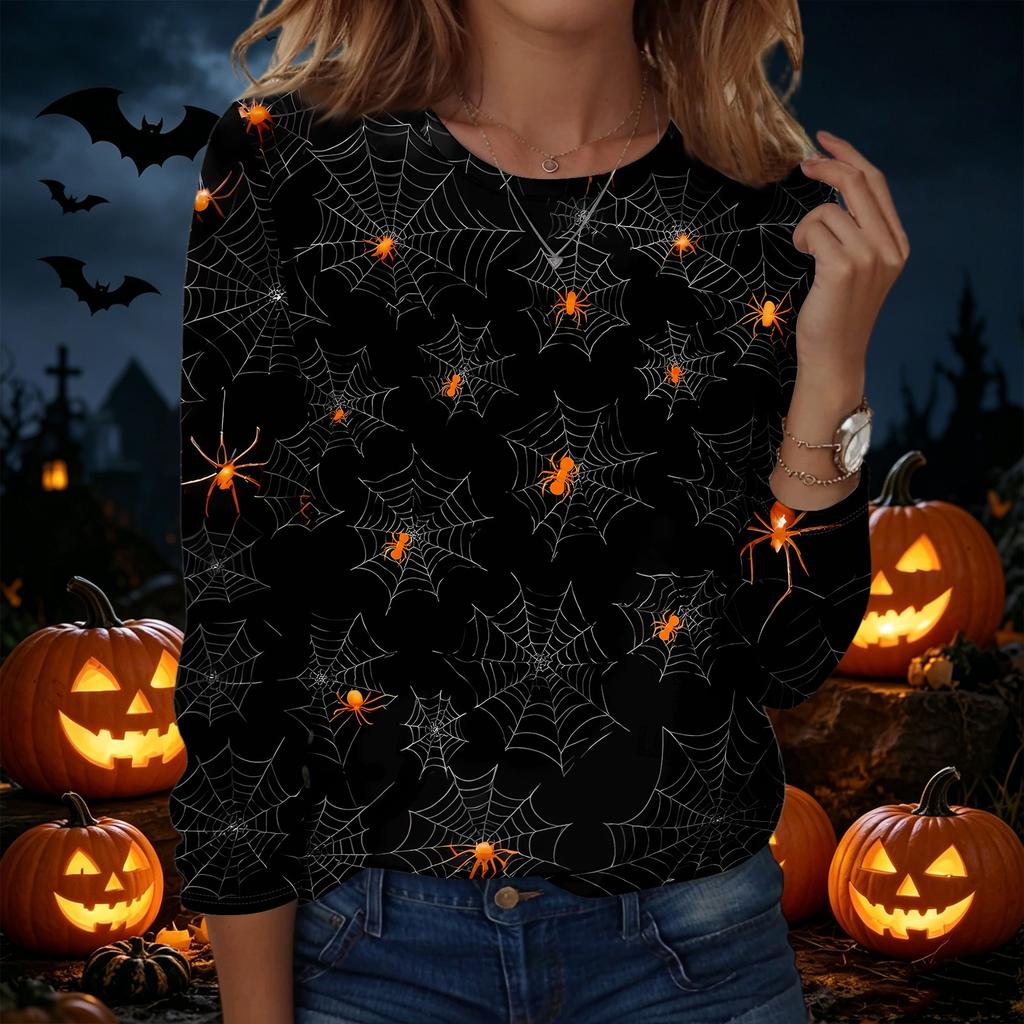 Damen Halloween Bedruckter Pullover Sweatshirt Langarm Rundhalsausschnitt Lässiges Lockeres Oberteil für Herbst Winter Alltag