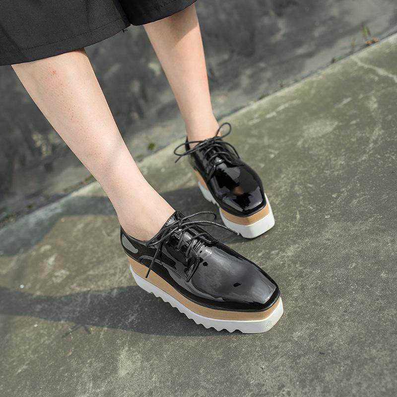 British Thick Soled Sponge Cake Shoes for Women In Autumn Lace Up Square Toe Patent Leather Deep Cut Single Shoes, High Heels, Sloping Heels HZB