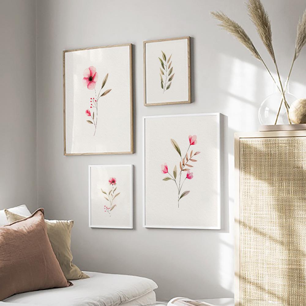 Floral Pink Flower Plant Leaves Nordic Poster Print Canvas Painting Modern Wall Art Pictures For Living Room Home Decor