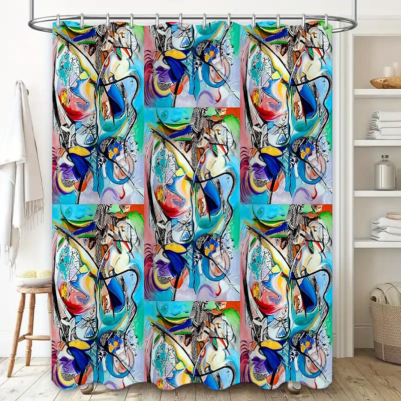 Abstract Art Shower Curtain Modern Bathroom Decor Teal Blue Geometric Pattern Waterproof Fabric Liner Washable Home Textile