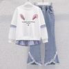 Mädchen Frühling Casual Anzug Mittleren und Großen Kindern Langarm Rundhals Pullover + Jeans Zwei-stück Set
