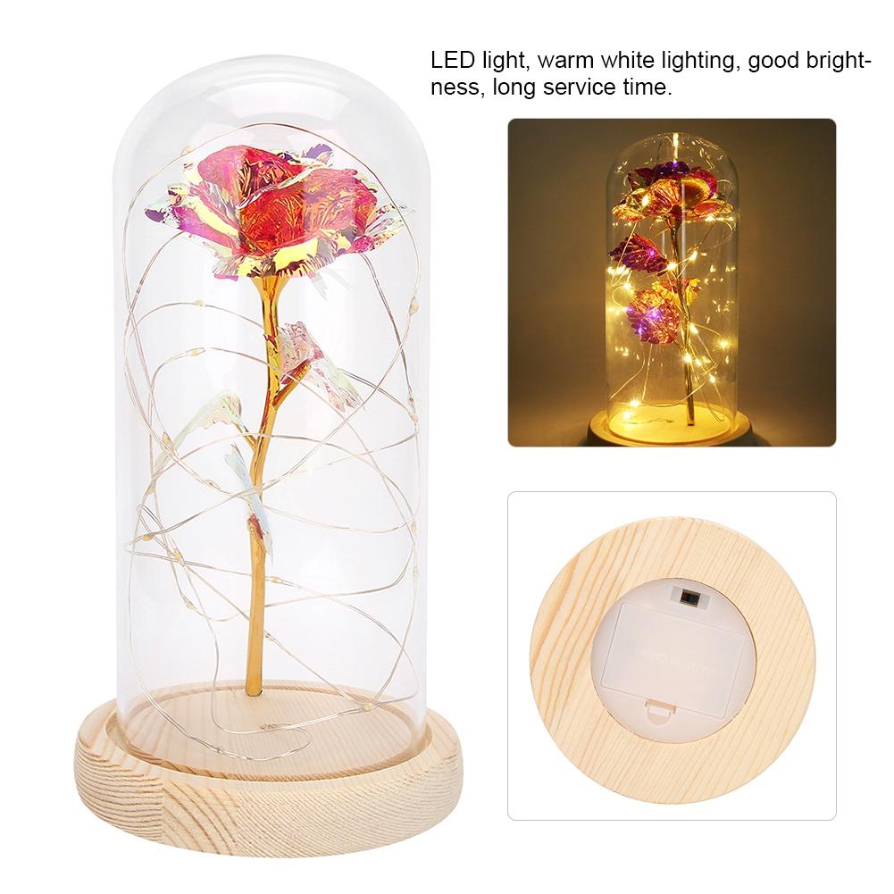 LED Night Light Lamp Wooden Base with Beautiful Rose Valentines Gift Christmas Presentpink