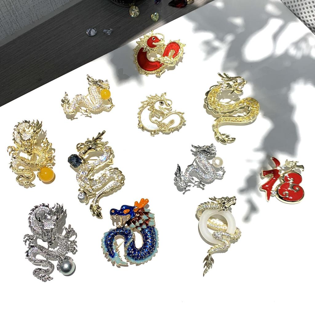 Exquisite Zodiac Dragon Brooch with Zircon and Pearl
