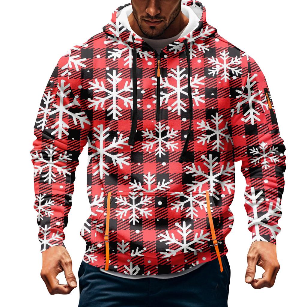 Sudadera deportiva casual de media cremallera con capucha y estampado navideño para hombre