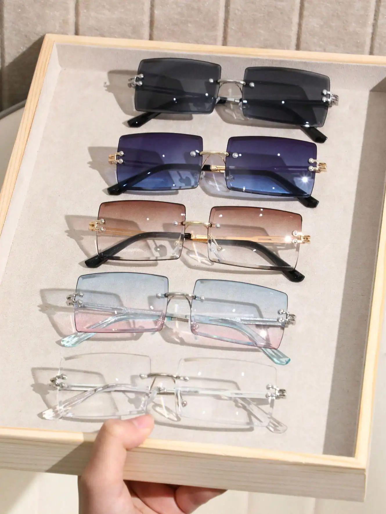 

5 шт. модных женских солнцезащитных очков для мужчин, металлические прямоугольные, без оправы, для повседневной жизни, аксессуары для очков.