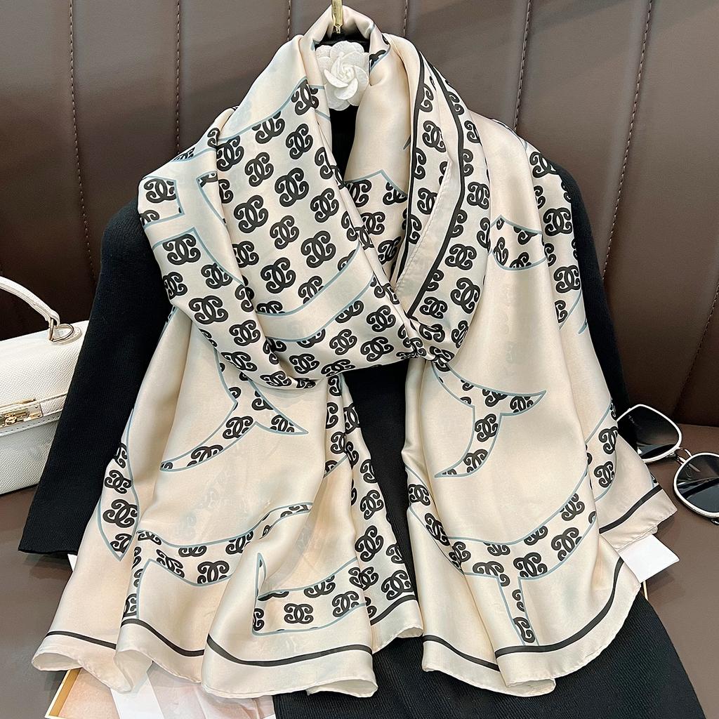 New simple temperament camellia imitation silk scarf personalized versatile brocade long scarf for mother and elders gifts