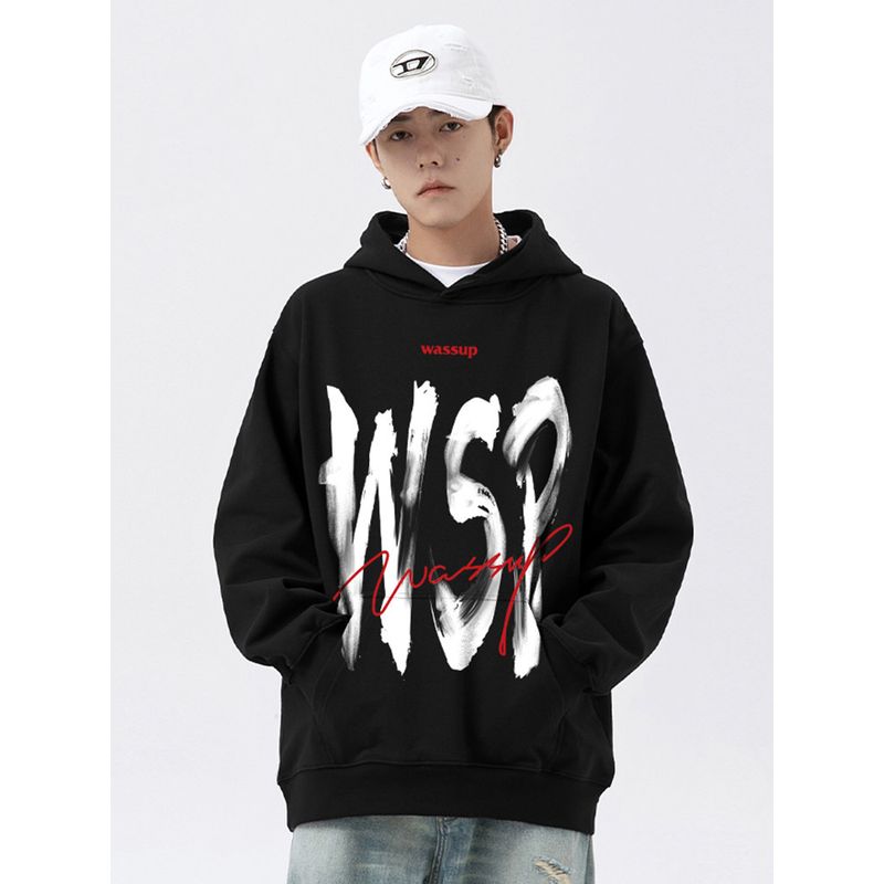 Wassup American-Style Inkjet Letter Sweatshirt for Men, Hooded, Autumn and Winter 2024 New Loose Casual Jacket Hoodie for Couples