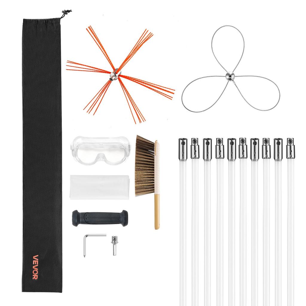 Chimney Sweep Kit, 10m Maximum Extendable Length Chimney Brush, Chimney Cleaner Sweeper with Dual Brush Heads, Brush & Goggles, Fireplace Cleaning