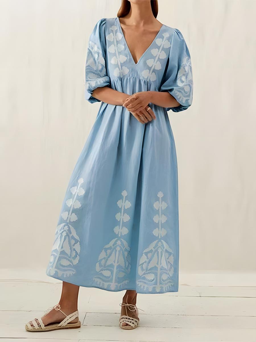 

Большое свободное платье с открытой спиной, с вырезами, с цветочным принтом, V-образным вырезом и рукавами-пузырями для женщин S лазурь