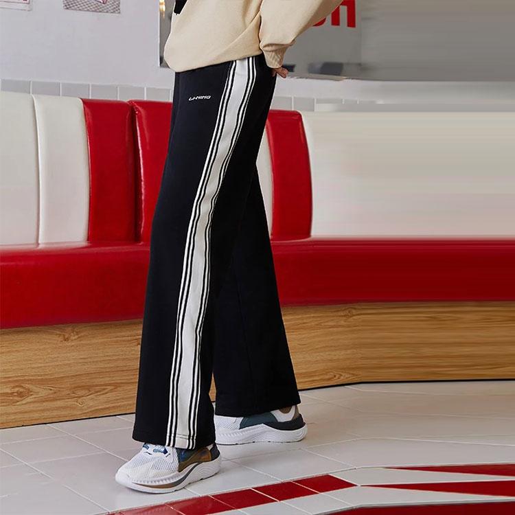 Li Ning Sports Fashion Series Straight Leg Striped Fleece Warm Loose Casual Long Pants Winter Women bottoms Black AKLRC16-3
