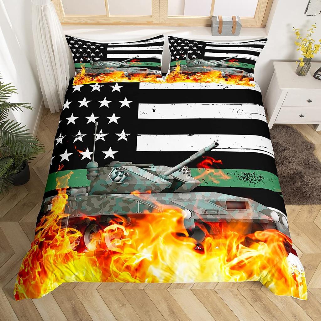 Cartoon Tank Duvet Cover War Theme Bedding Set For Kids Boys Man Soldier Camouflage Army Acting Polyester Comforter Cover King
