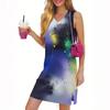 Women's Casual Fashion Sexy V-neck Sleeveless Gradient Print Hem Slit Dress