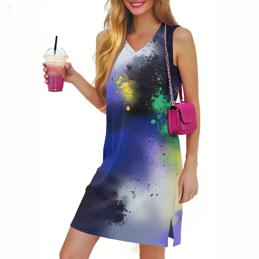 Women's Casual Fashion Sexy V-neck Sleeveless Gradient Print Hem Slit Dress