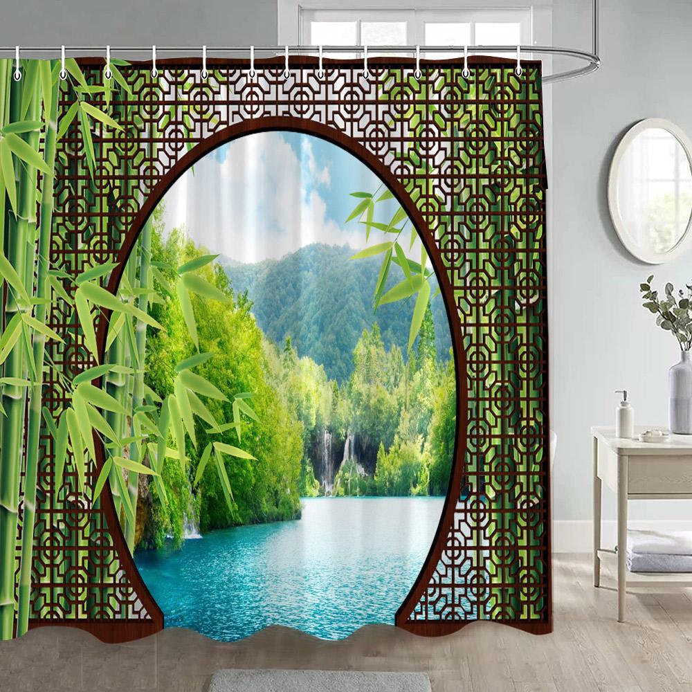 Chinese Style Garden Shower Curtains Green Bamboo Plants Arches Moon Door After Rain Landscape Polyester Bathroom Curtain Decor