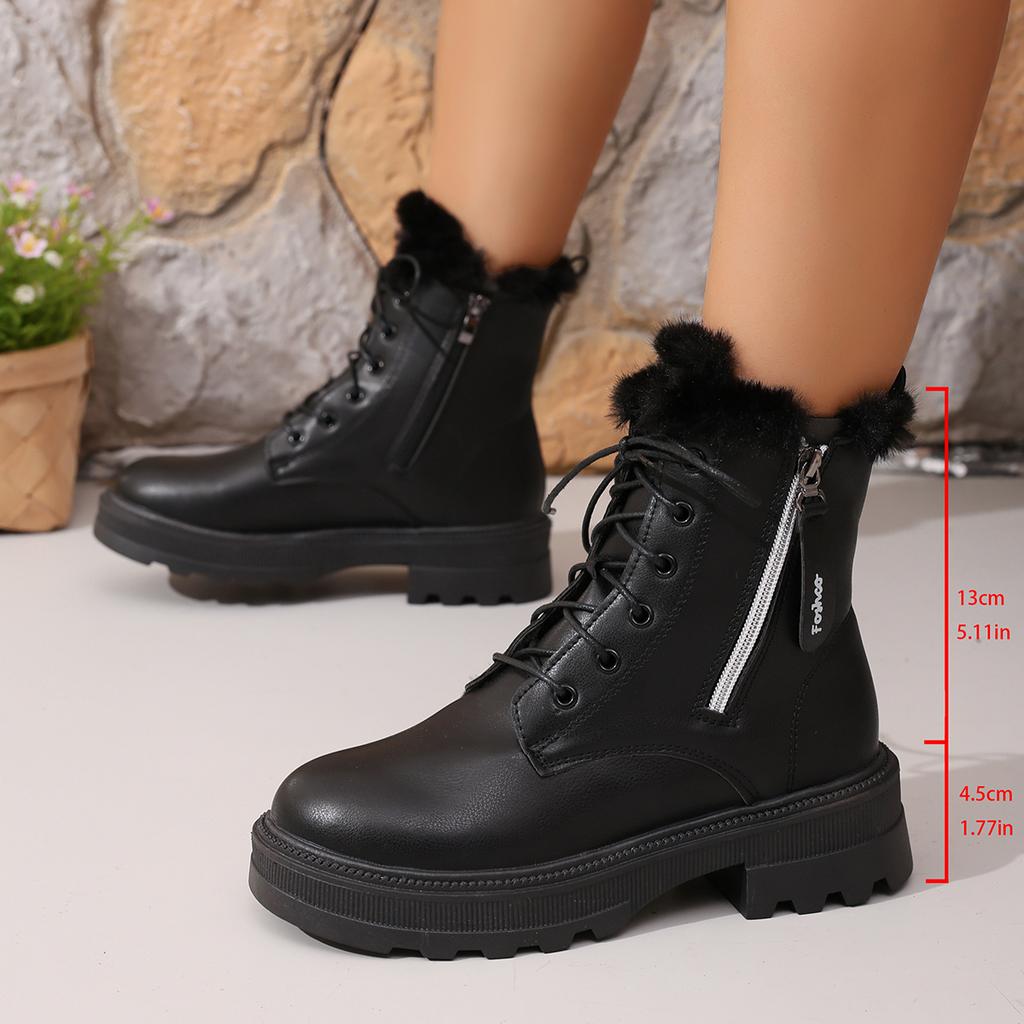 Fashion Women's Autumn Winter Ankle Boots Thick Sole Warm Plush Cotton Shoes Woman Fashion Black White Pu Leather Platform Botas Mujer
