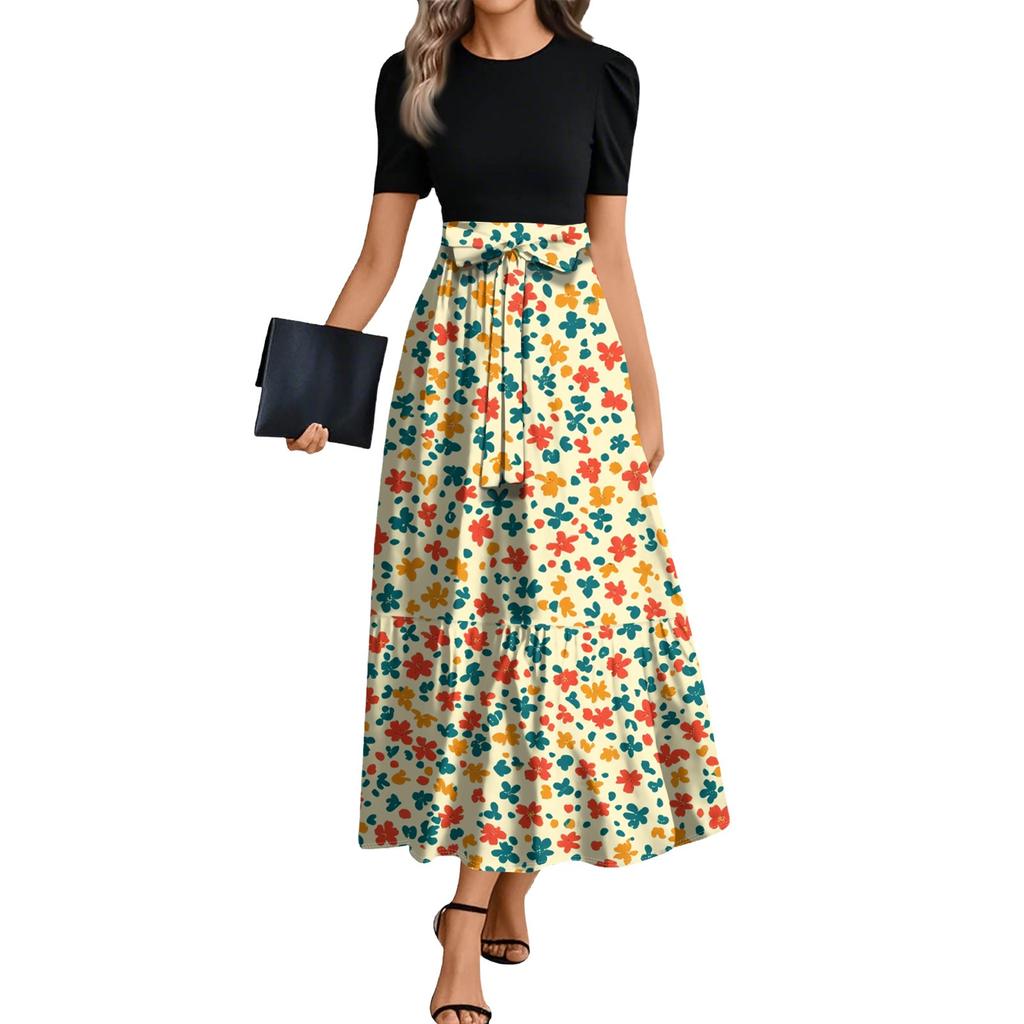 Ladies Fashion Casual Belt Short Sleeve Round Neck Floral Print Splicing Elegant Temperament Dress