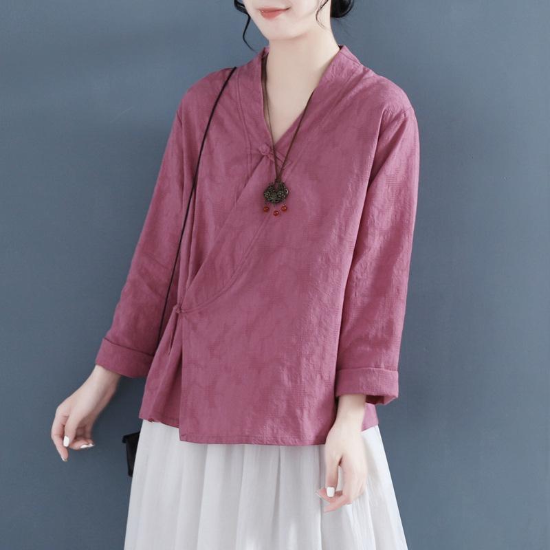 Women's V Neck Long Sleeve Linen Blend Wrap Blouse Chinese Style Casual Loose Fit Top