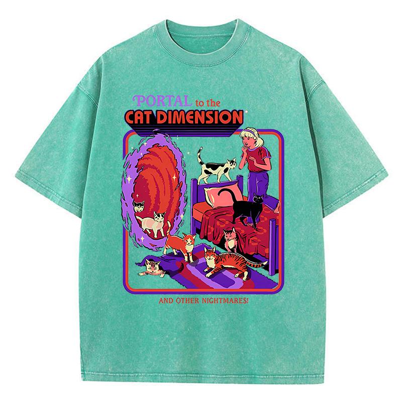 Portal To The Cat Dimension Print Washed Retro Men Tshirt Summer Loose Cotton T Shirt Breathable Clothes Oversize Casual Tees