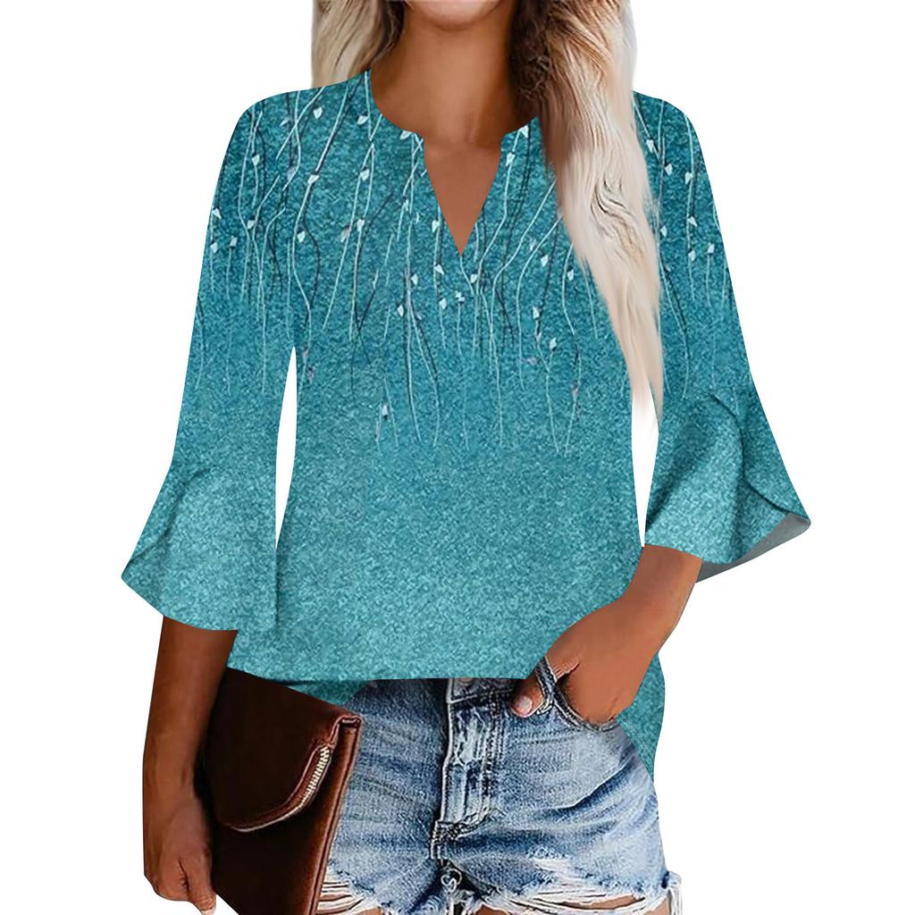 Women'S Work Shirt Pleated 3/4 Sleeve Dress Top V-Neck Shirt Casual Waist Tied Shirt Business Shirt