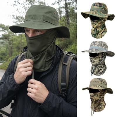 Camouflage Sun Hat with Balaclava Face Mask UV Protection Men Wide Brim Hat