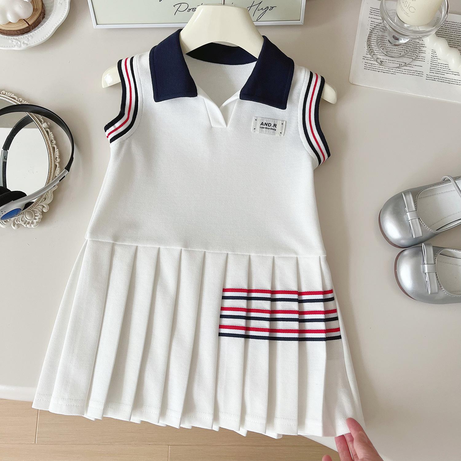 

Летнее платье для девочек Корейское платье-поло с рубчатым воротником и лентой Плиссированное платье 140 белый
