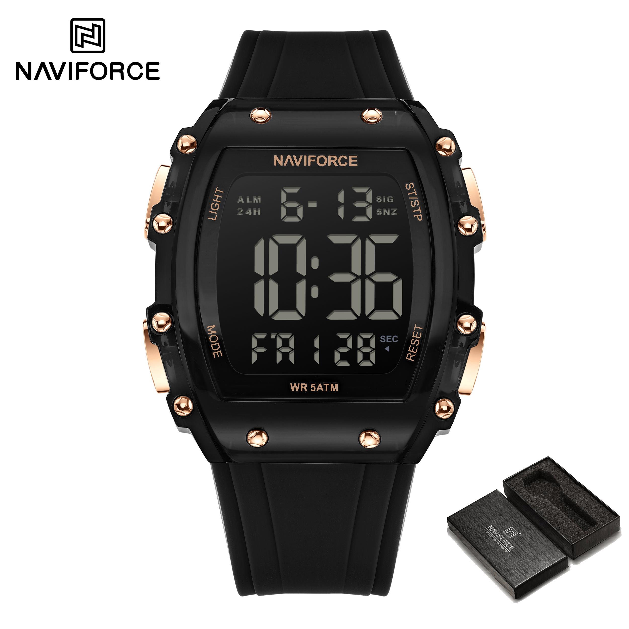 

NAVIFORCE Original Men Square LCD Digital Watch Waterproof Lightweight Calendar Date Chronograph Silicone Strap Men Boys Casual Watch NF6107 чёрный/розового золота