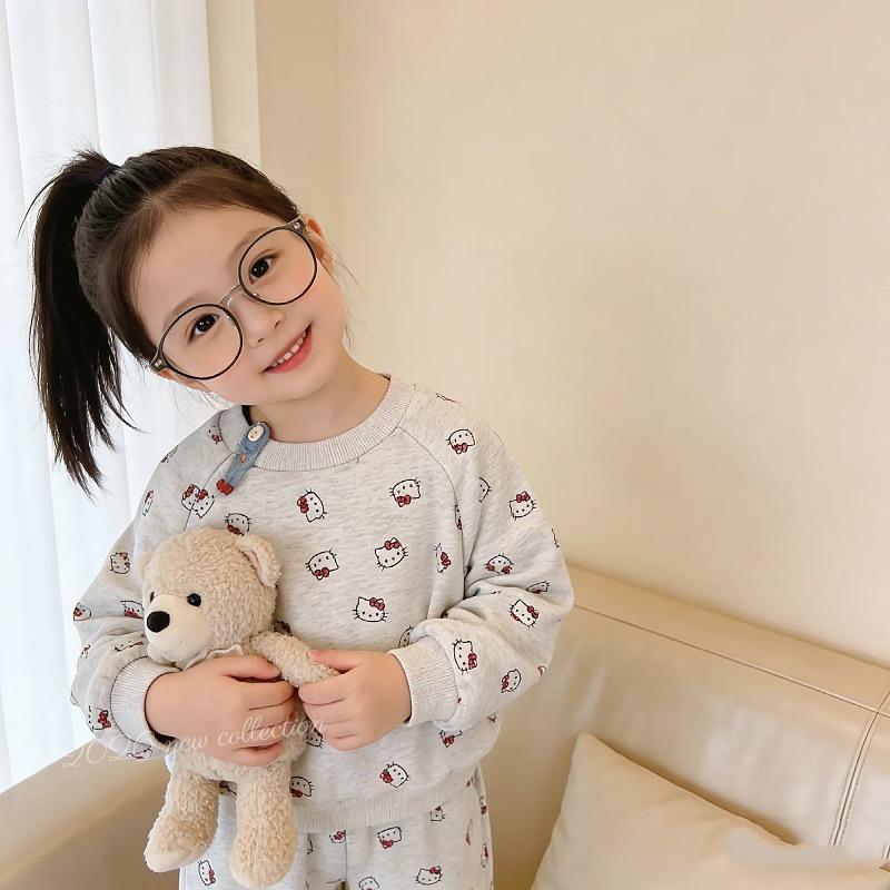 Ensemble Sweat à Capuche et Jogging Fille Imprimé Chat Mignon - Mode Dessin Animé, Col Rond, Tenue Deux Pièces