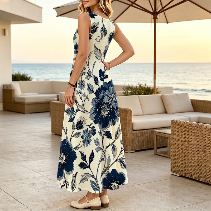 Elegant Sleeveless Floral Maxi Dress,Lightweight Full Flowy Skirt,Floor Length Summer Dress for Vacation,Daily Casual & Home Wear