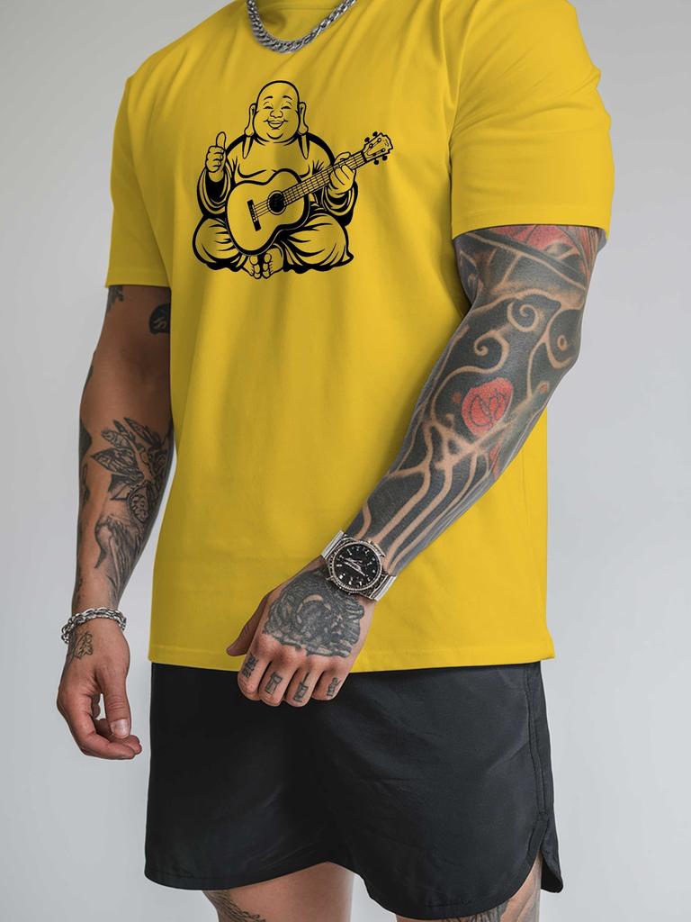 Mens Crew Neck T Shirt Laughing Buddha Playing Guitar Line Art Graphic Short Sleeve Casual Cotton Music Lover Streetwear Tees