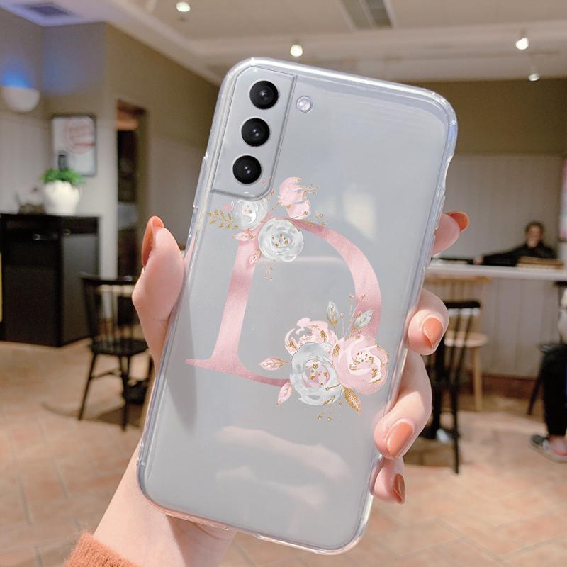 

Initial Letter Cover For Samsung Galaxy S23 S24 S25 Plus Ultra Case Transparent Soft Silicone Flowers Capa For Samsung S23+ Bag Samsung S24 FE