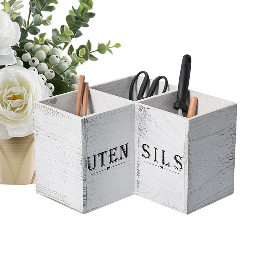 Wooden Kitchen Corner Cutlery Storage Box Household Countertop Spoon And Chopstick Container 3 Compartments Utensil Holder