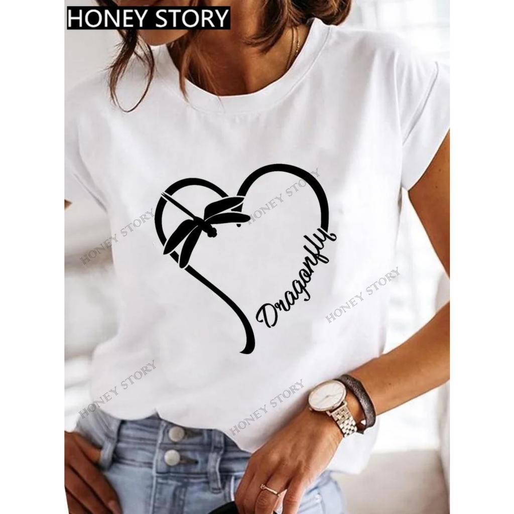 Dragonfly butterfly print blouse loose women's short-sleeved T-shirt round neck casual fashion daily