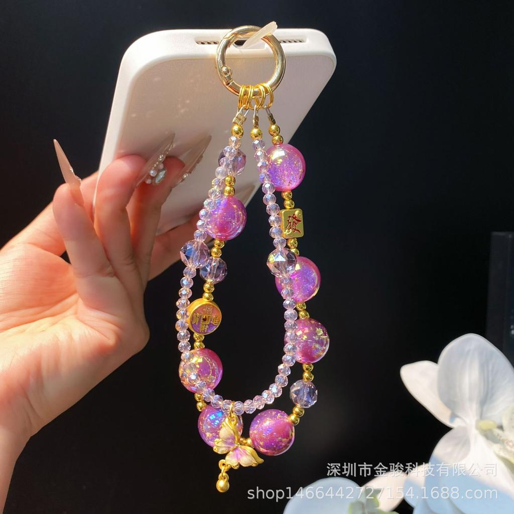 New Chinese Style Phone Chain Exquisite High-end Alloy Hanging Chain Gold Foil Beads Double Chain National Style Crystal Butterfly Pendant Chain