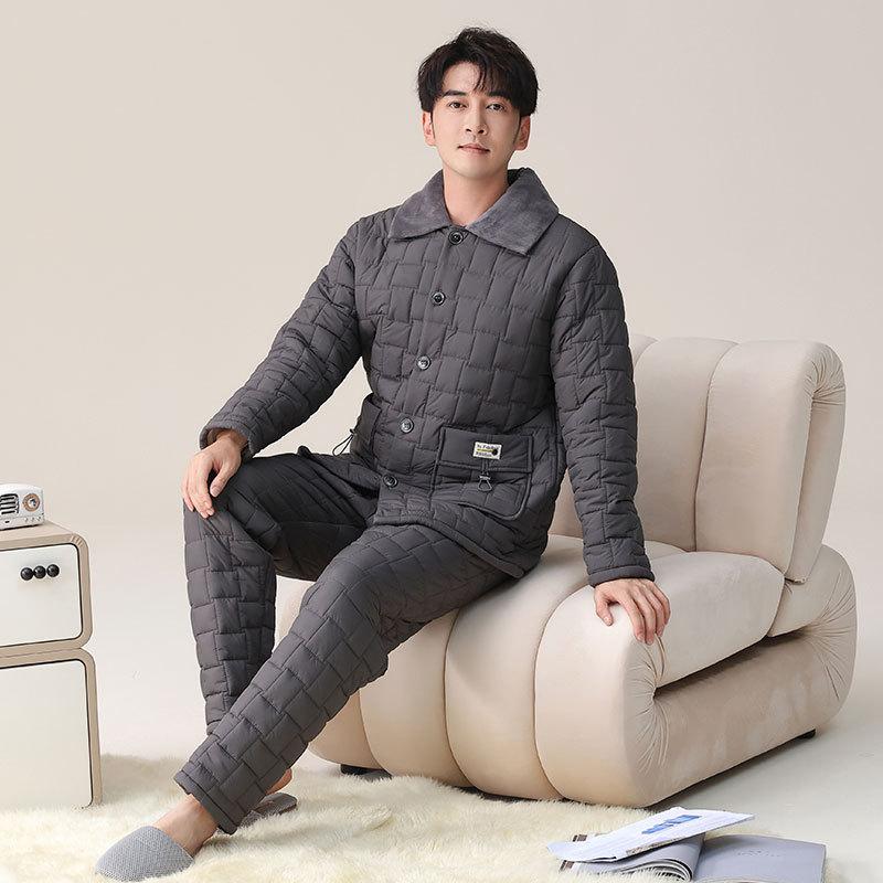 Pajamas Men'S Winter Coral Fleece Thickened Fleece Three-Layer Padded Jacket Autumn And Winter Warm Down Padded Homewear